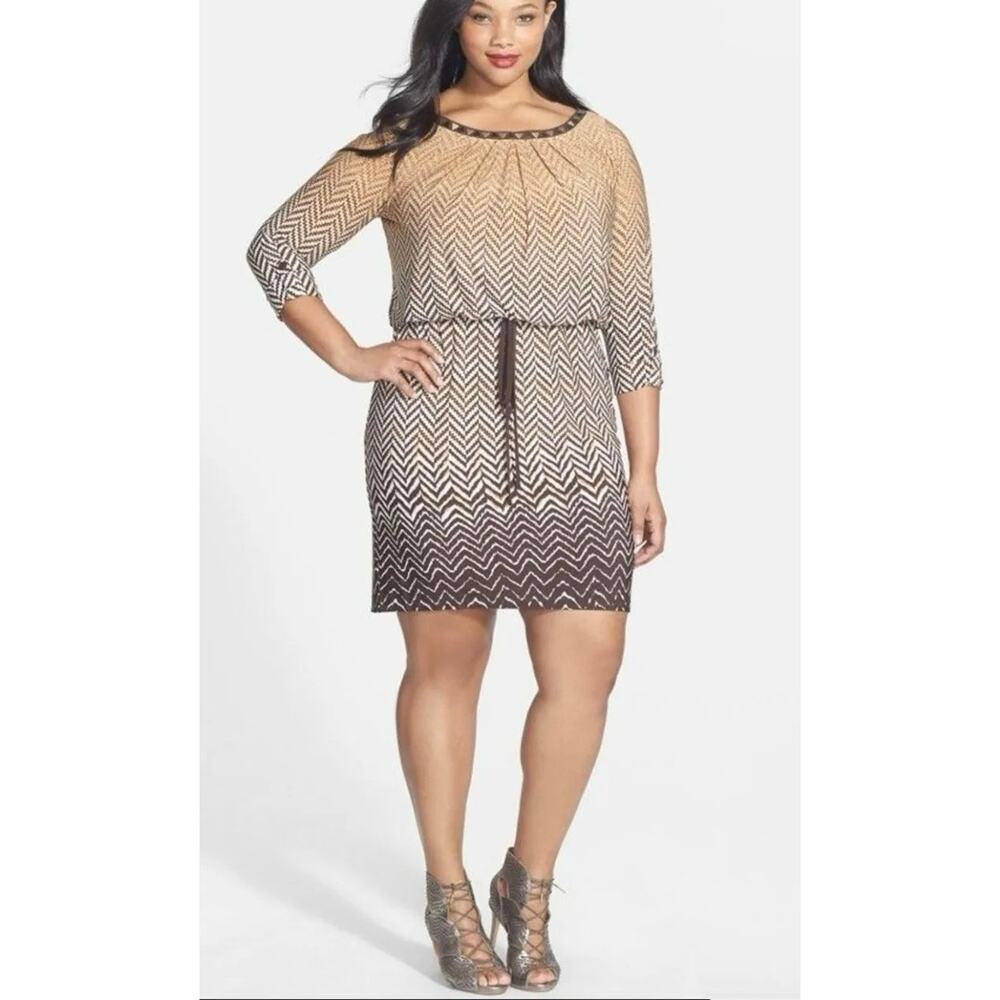London Times Women's Brown Geometric 3/4 Sleeve Tie Waist Jersey Dress | Size 14